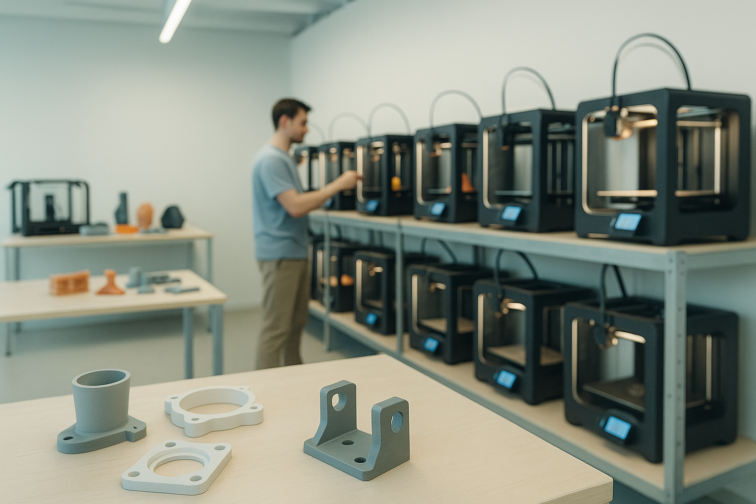 3D printing workshop with multiple printers and finished parts